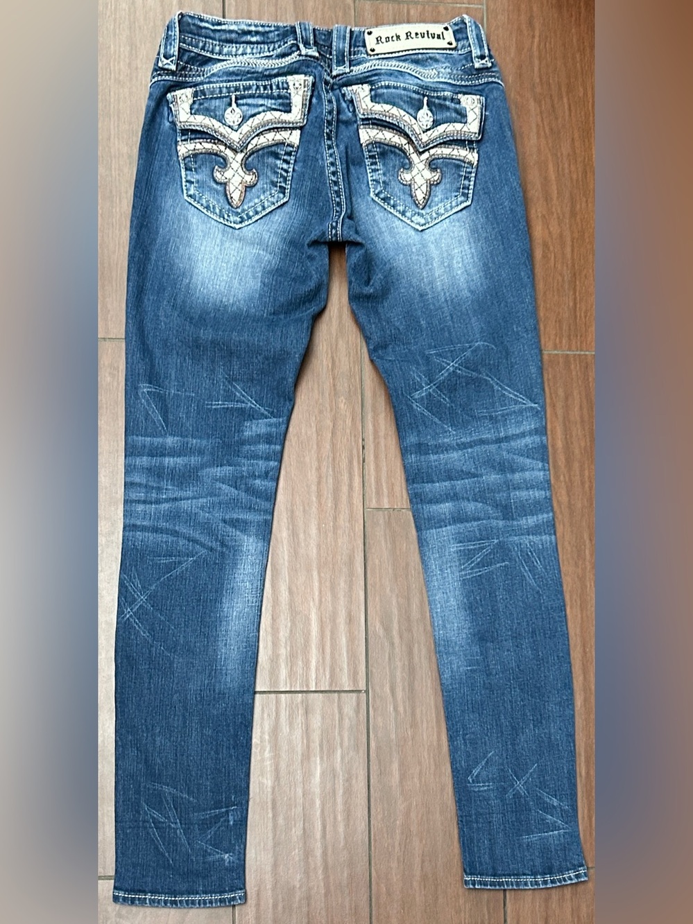 Rock Revival Women's Skinny Jeans - Blue with Cream Embroidery